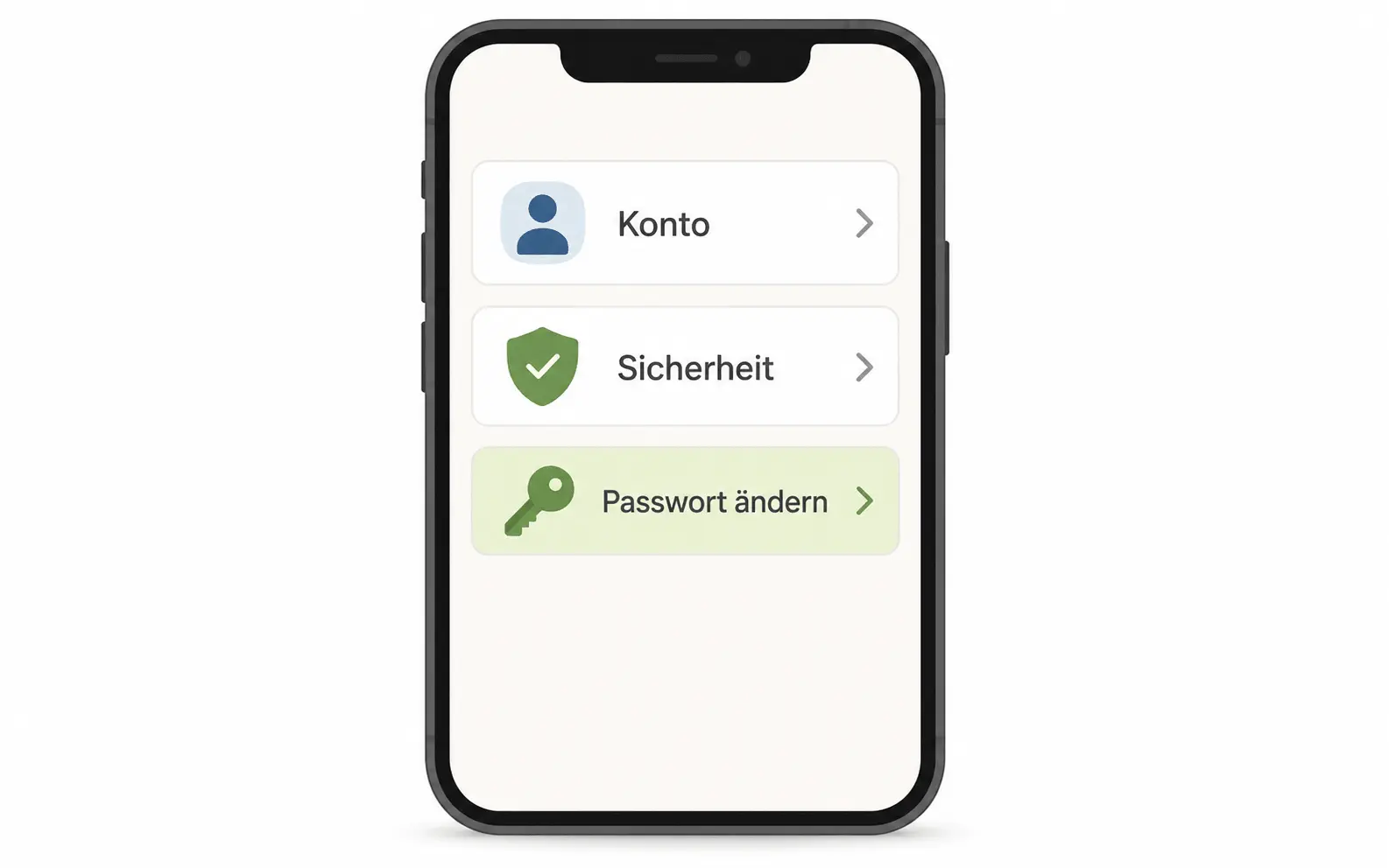 Passwort ändern am Smartphone Smartphone mit einfachem Einstellungsmenü, in dem der Bereich „Passwort ändern“ hervorgehoben ist.