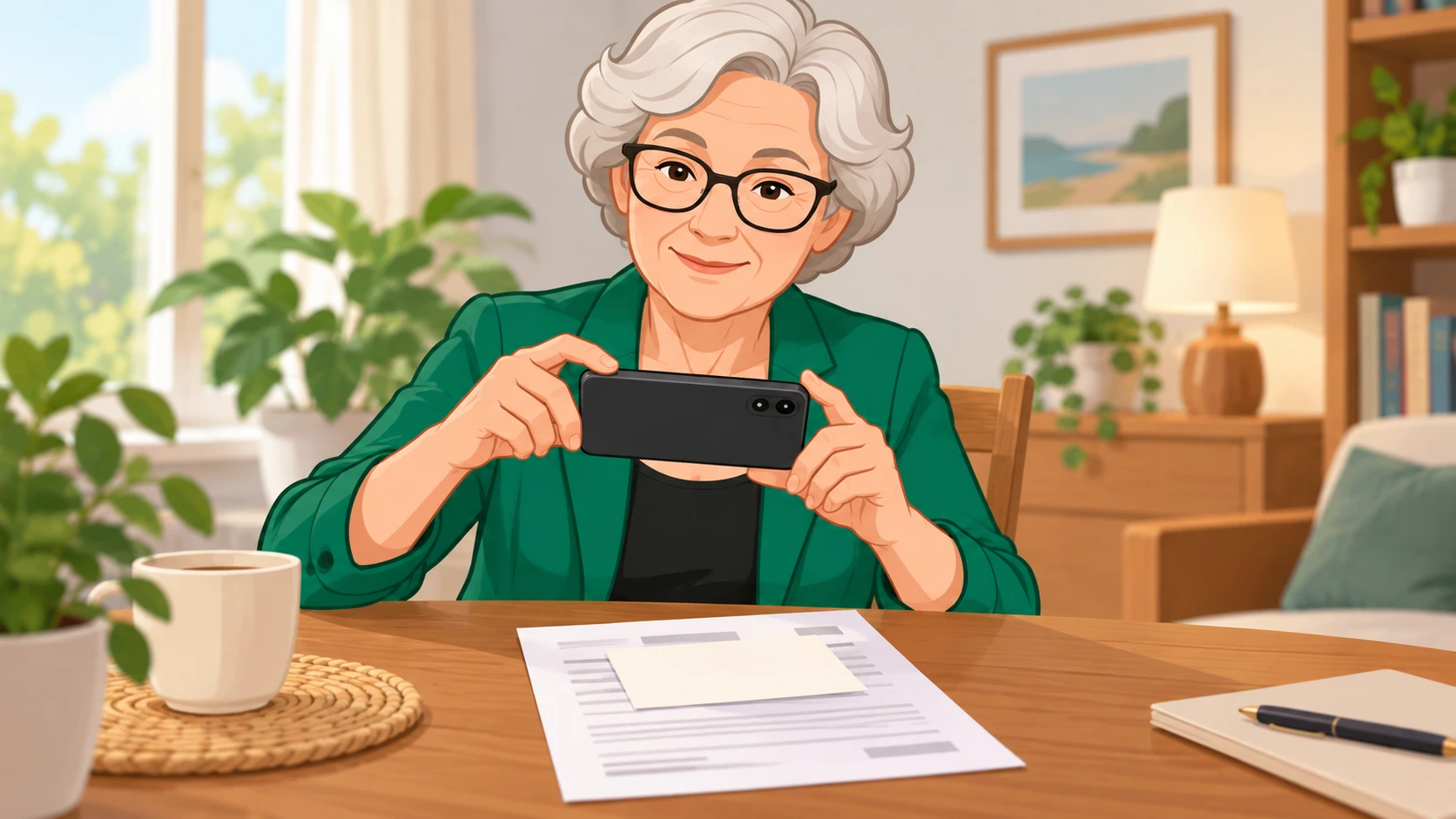 Oma Erla schützt persönliche Daten vor der KI Oma Erla fotografiert einen Brief mit dem Smartphone und deckt persönliche Angaben mit einem Zettel ab.