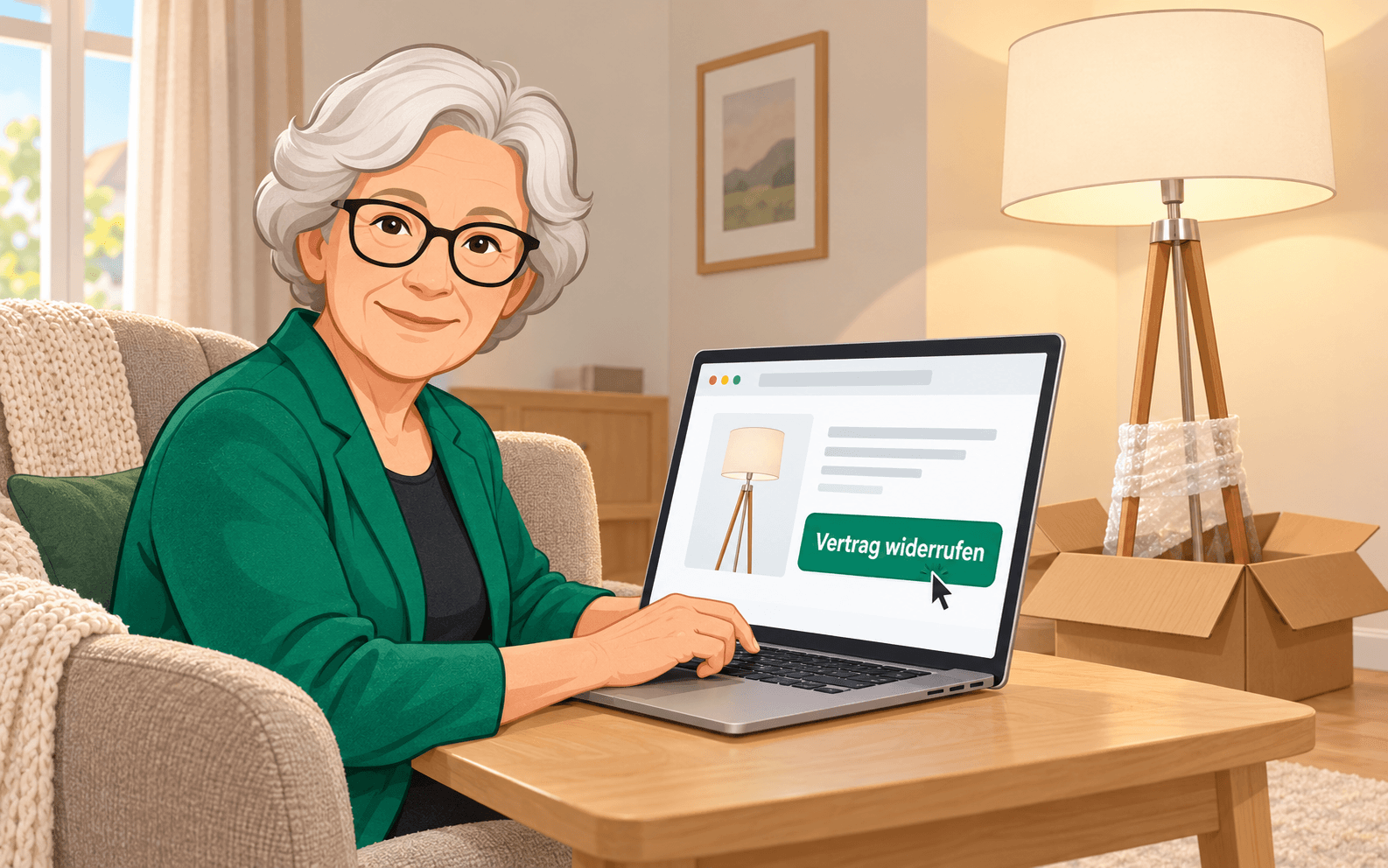 Oma Erla sitzt am Laptop und klickt auf „Vertrag widerrufen“, neben ihr steht eine Stehlampe im halb geöffneten Karton.