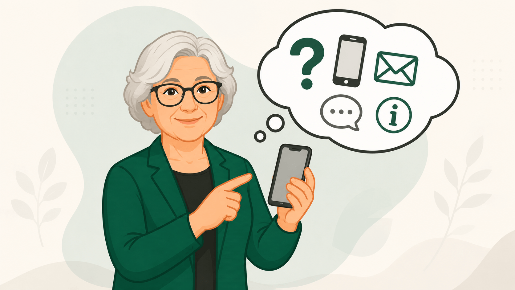 Oma Erla hält ein Smartphone und denkt über häufige Fragen zu Handy, E-Mail und digitaler Hilfe nach.