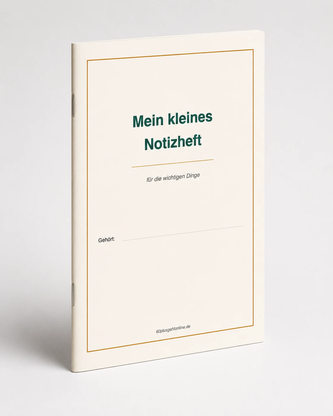 3D-Darstellung eines schmalen Notizhefts mit dem Titel „Mein kleines Notizheft“ von 60plusgehtonline.