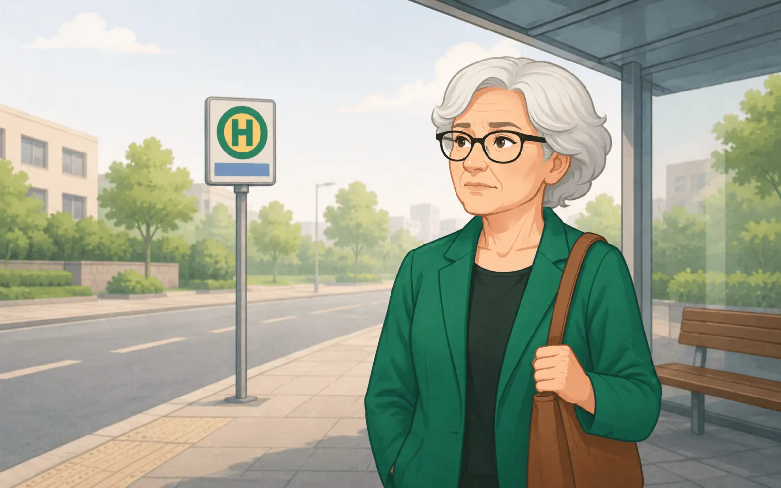 Oma Erla steht nachdenklich an einer Bushaltestelle, weil der gewohnte Ticketkauf im Bus nicht mehr möglich ist.