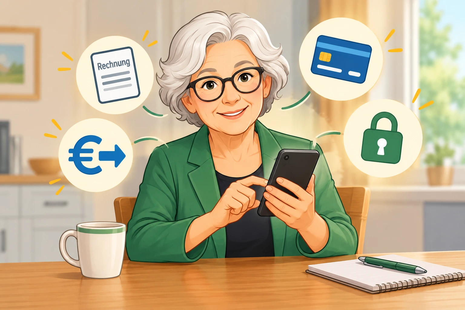 Oma Erla hält lächelnd ein Smartphone in der Hand, umgeben von Symbolen für Rechnung, Überweisung, Kreditkarte und Sicherheit.