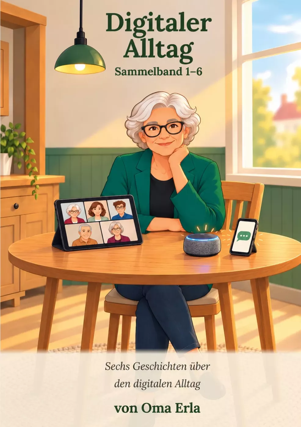 Buchcover „Digitaler Alltag“: Oma Erla sitzt am Küchentisch, umgeben von leuchtenden Symbolen wie Brücke, Router, Tablet und Smartphone