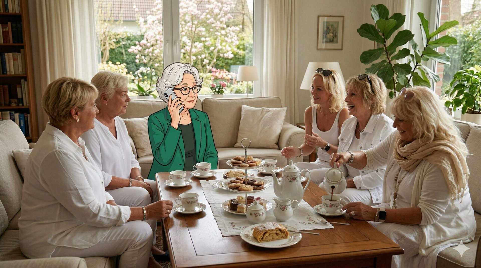 Illustration von Oma Erla mit Smartphone in der Hand, umgeben von Frauen beim gemütlichen Kaffeeklatsch in einem hellen Wohnzimmer