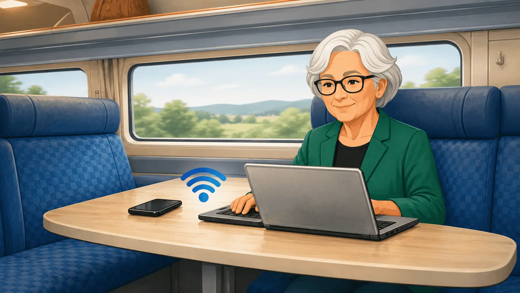 Oma Erla sitzt im Zug mit Laptop und Smartphone, daneben zeigt ein WLAN-Symbol die Internetverbindung per Hotspot.