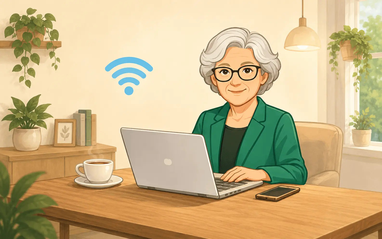 Oma Erla sitzt mit Laptop und Smartphone an einem Tisch, im Hintergrund ist ein WLAN-Symbol zu sehen.