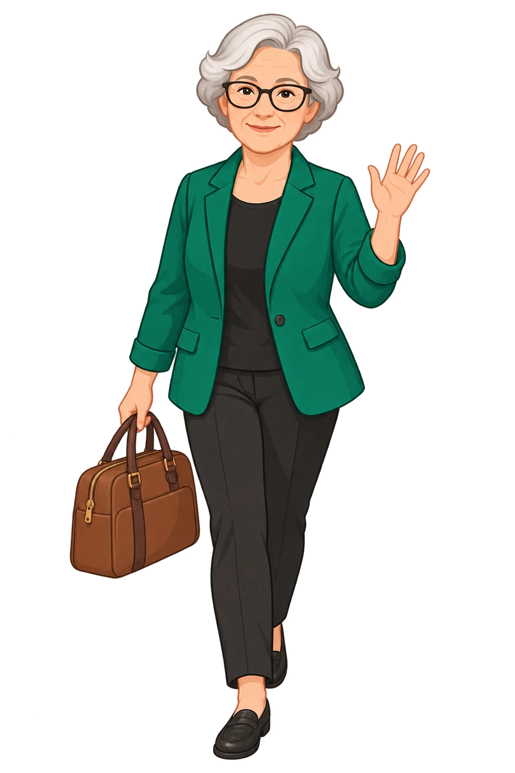 Oma Erla winkt freundlich und trägt eine kleine Tasche in der Hand, als Zeichen dafür, dass sie zu den Menschen kommt.