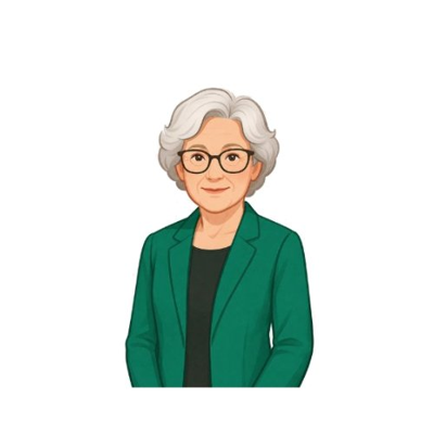 Illustration einer älteren Frau mit grauem Haar, Brille und grünem Blazer – Oma Erla, die Hauptfigur von 60plusgehtonline