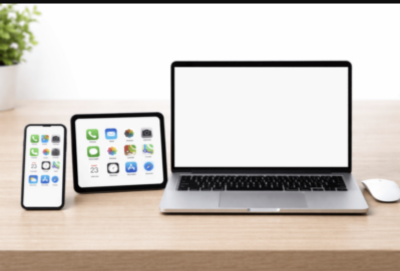 Smartphone, Tablet und Laptop nebeneinander auf einem Schreibtisch.