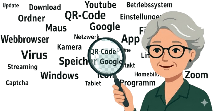 Illustration: Oma Erla mit Lupe schaut auf eine Wolke aus Internet-Begriffen wie WLAN, App, Browser, Download und Update.
