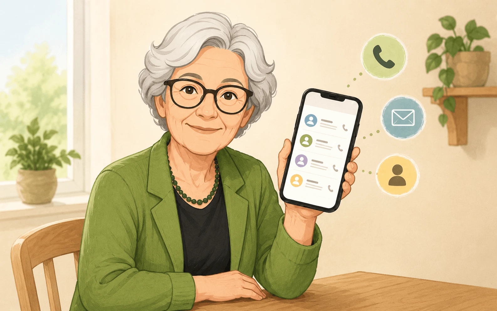 Oma Erla hält ein Smartphone mit einer Kontaktliste und zeigt Symbole für Telefon, E-Mail und Kontaktinformationen.