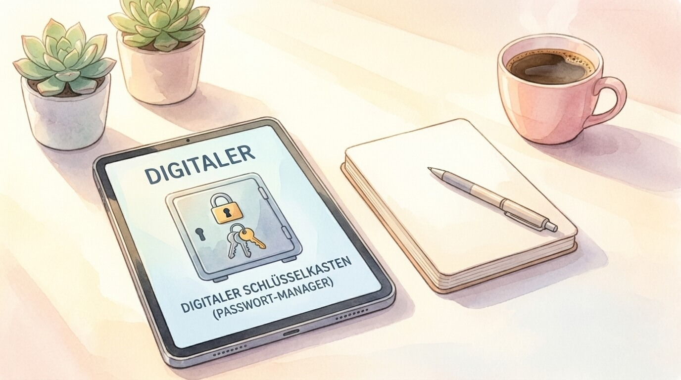 Tablet mit Illustration eines digitalen Schlüsselkastens (Passwort-Manager) neben Notizbuch und Kaffeetasse.