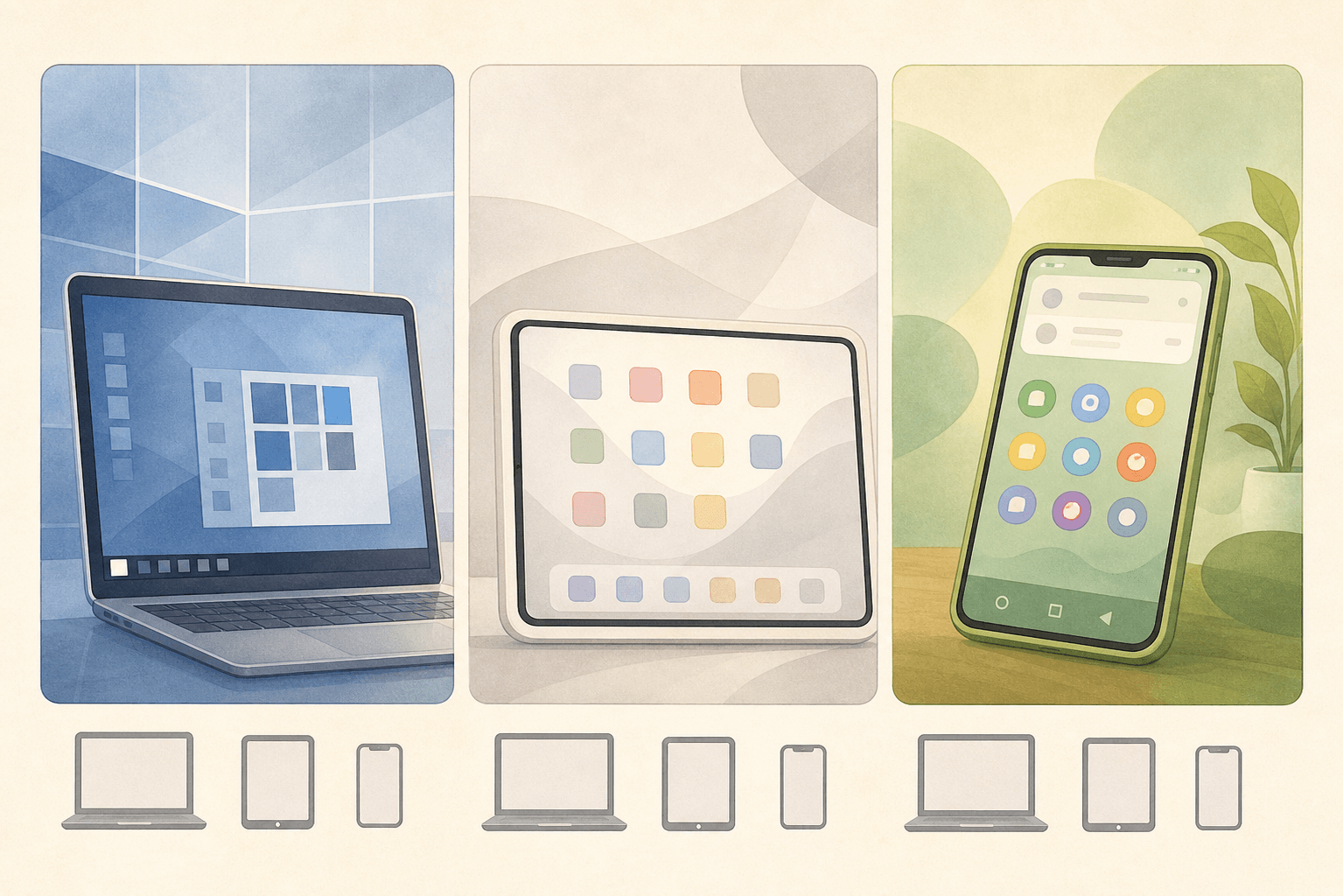 Ältere Dame am Schreibtisch mit Windows-Laptop, Apple-Tablet und Android-Smartphone.