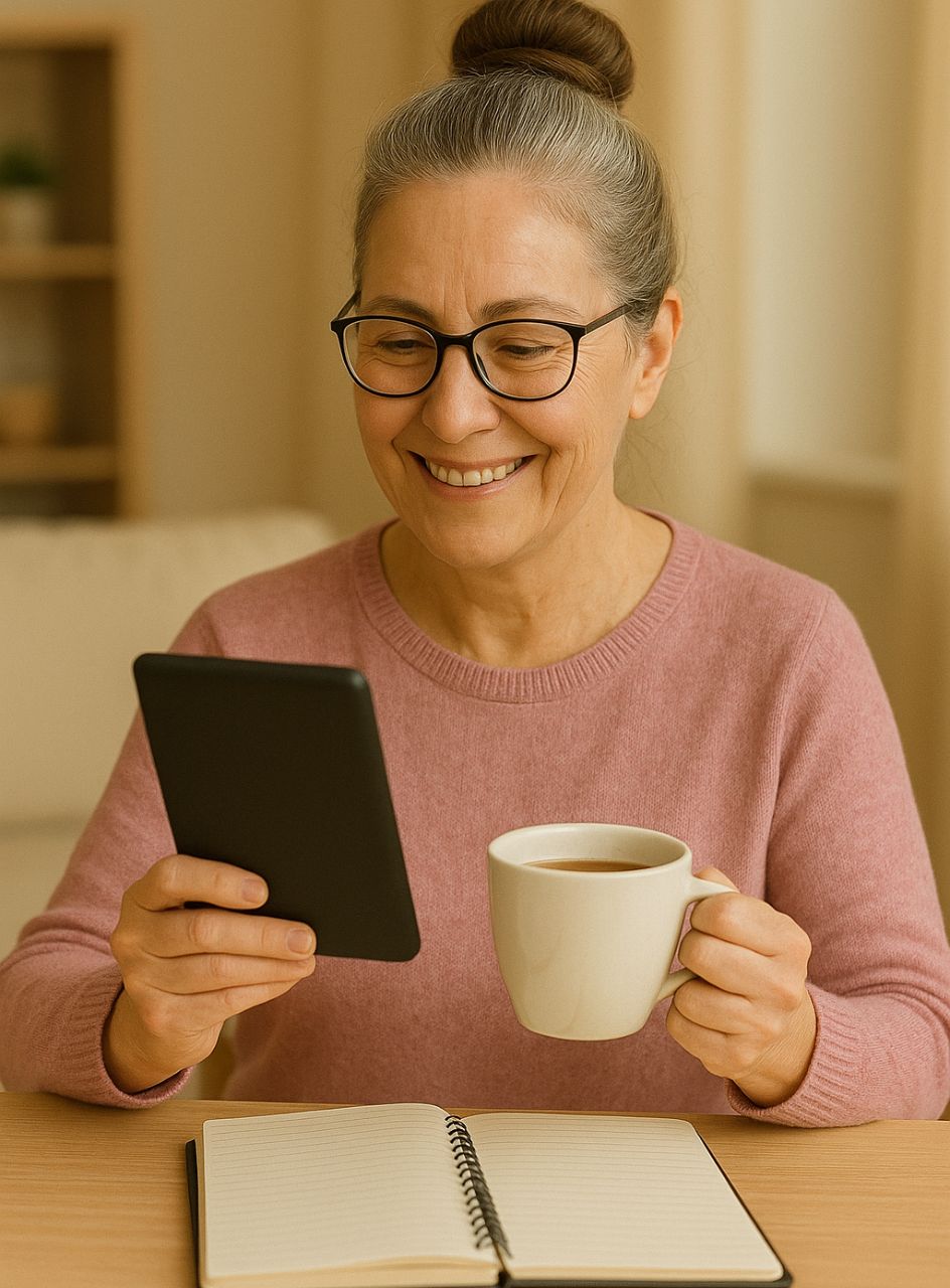 Seniorin mit Smartphone in der einen Hand, eine Tasse Tee in der anderen. Sie scheint zu lernen, da sie sich Notizen gemacht hat, die auf dem Tisch vor ihr liegen