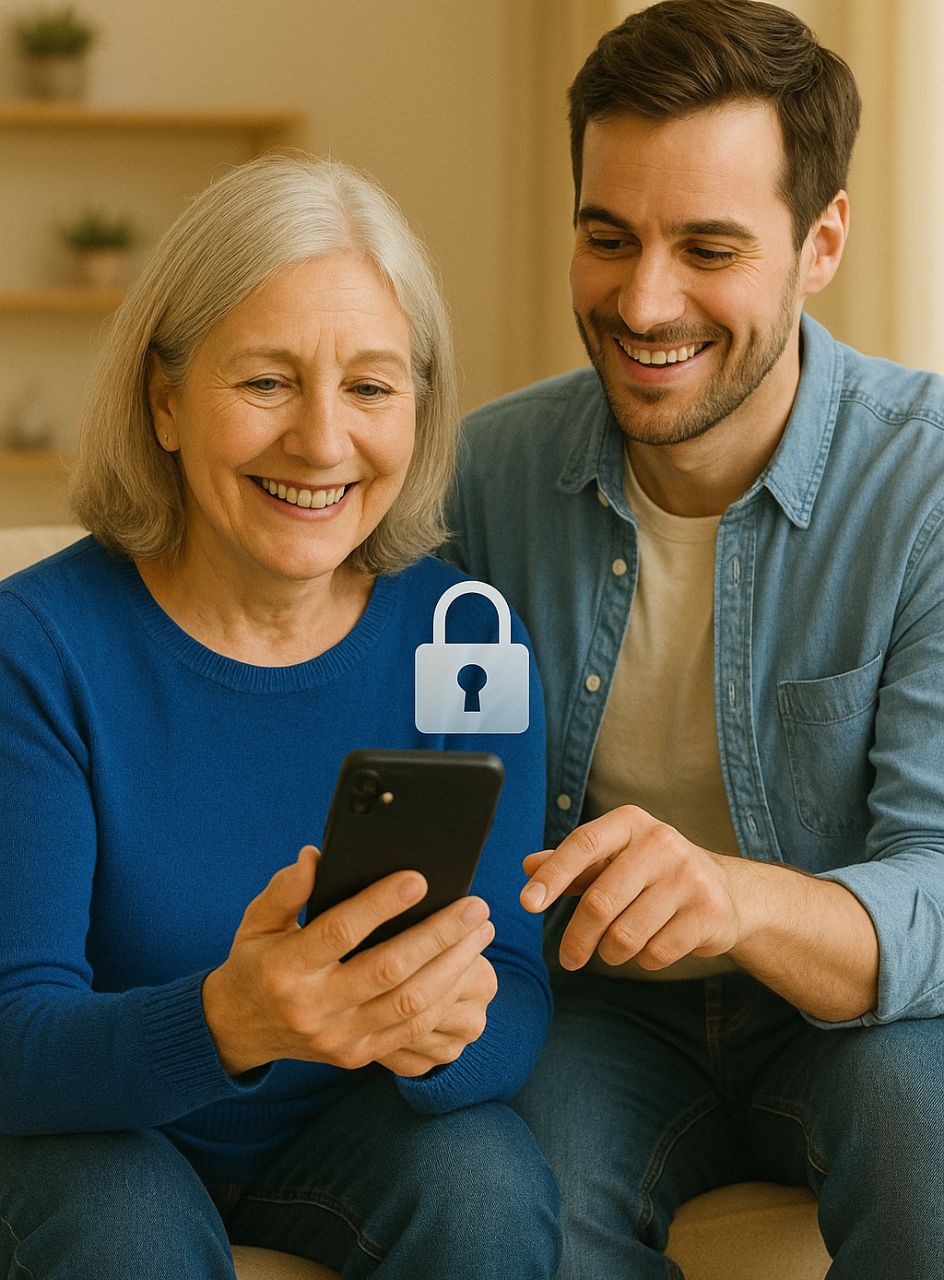 Seniorin schaut zusammen mit einem jungen Mann auf ihr Smartphone, über dem symbolisiert ein Schloss schwebt, das auf Sicherheit hindeuten soll