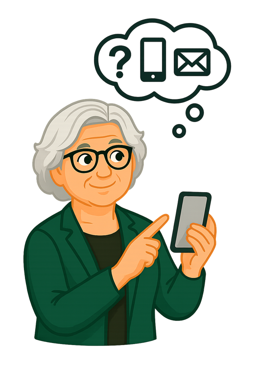 Oma Erla zeigt auf ihr Handy und hat in einer Denkblase ein Fragezeichen, ein stylisiertes Kuvert und ein stylisiertes Handy