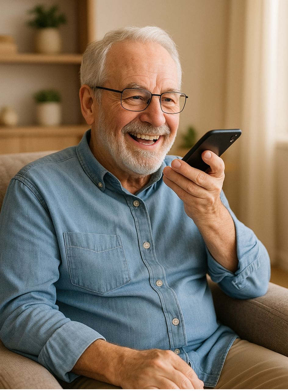 Senior, lächelnd, hält sein Smartphone vor sich und spricht. Sitzt bequem in seinem Wohnzimmer
