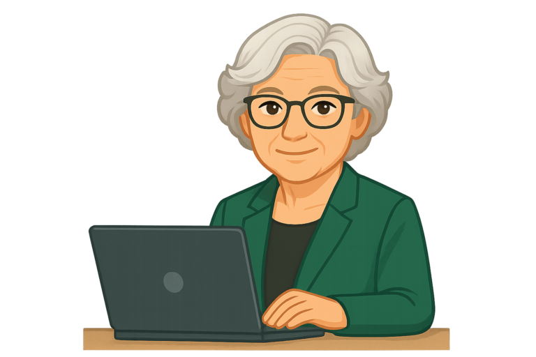 Oma Erla arbeitet am Laptop – Übersicht Alles auf einen Blick