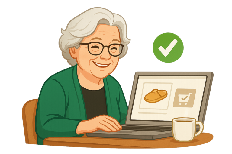 Oma Erla zeigt online einkaufen sicher: Sie bestellt am Laptop mit grünem Haken.