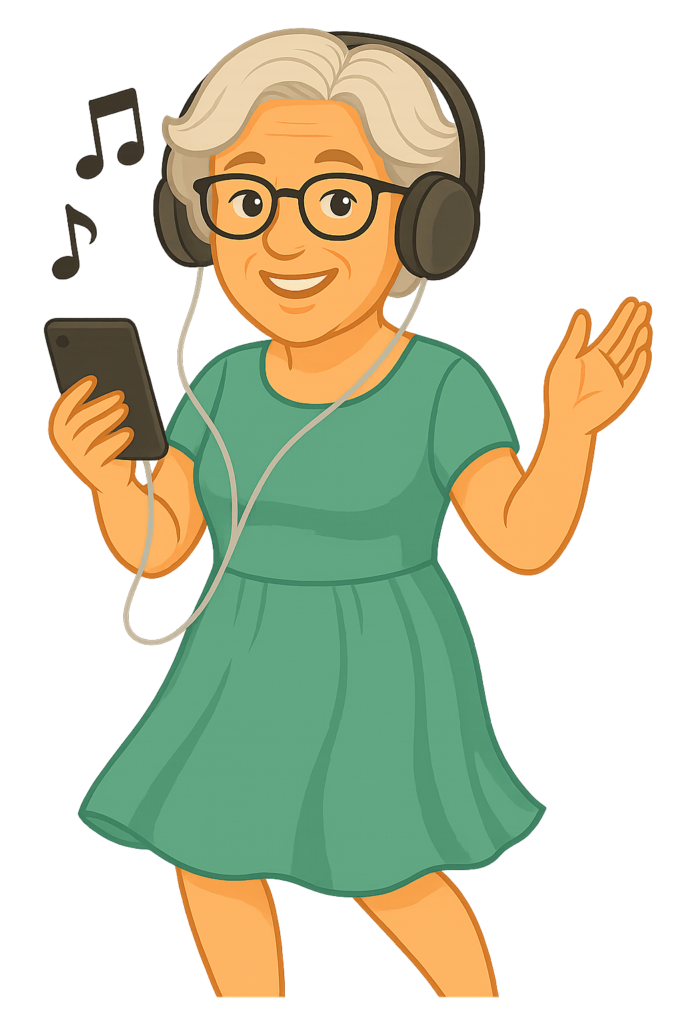 Oma Erla tanzt mit dem Smartphone in der Hand und Kopfhörern auf den Ohren