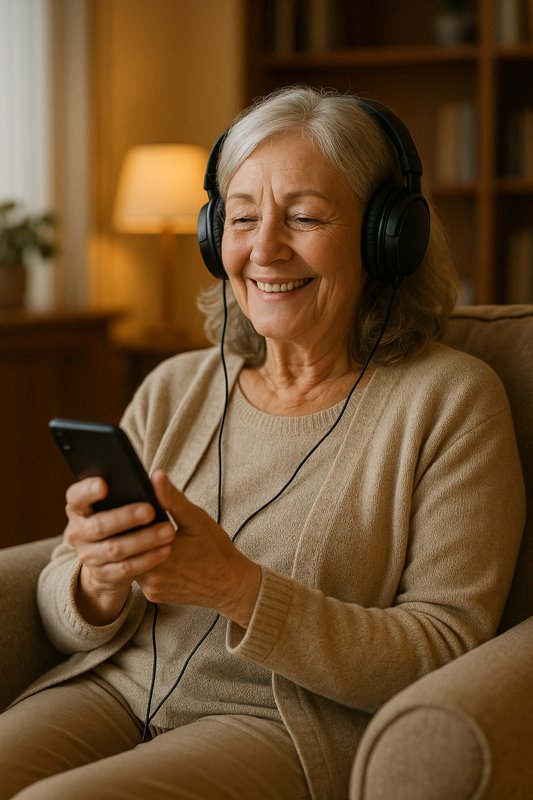Seniorin hört entspannt Musik über ihr Smartphone mit kabellosen Kopfhörern.