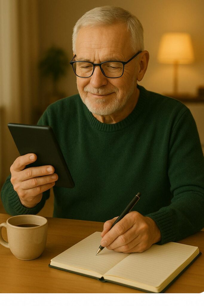 Ein Senior schaut auf sein Handy und schreibt etwas auf