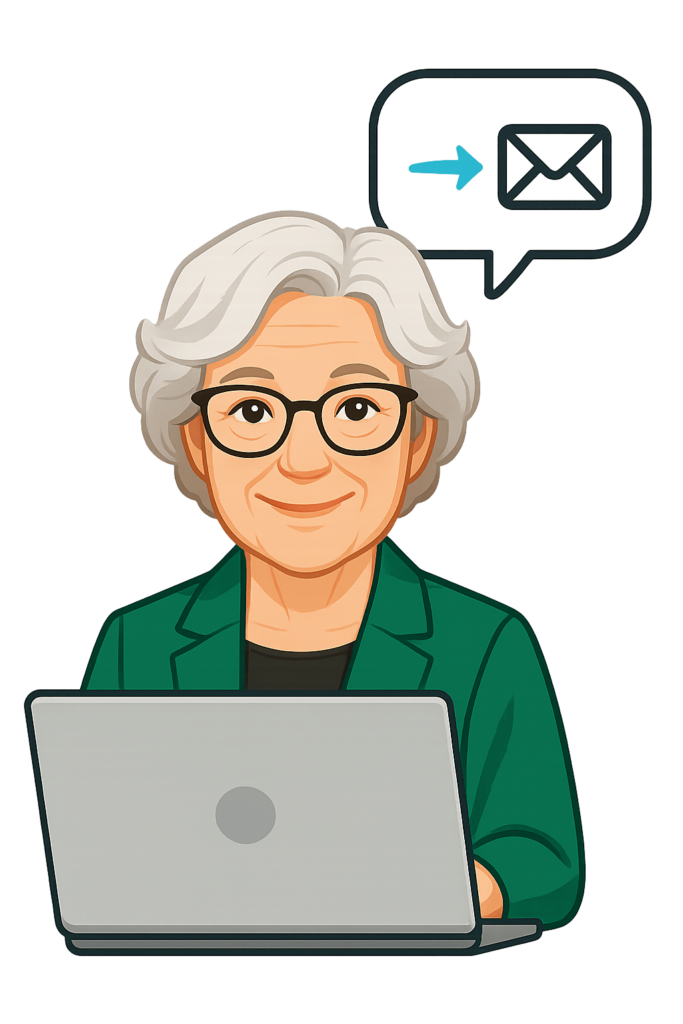 Oma Erla sitzt freundlich lächelnd am Laptop und beantwortet E-Mails. Eine Sprechblase mit einem E-Mail-Symbol zeigt, dass sie digital hilft.