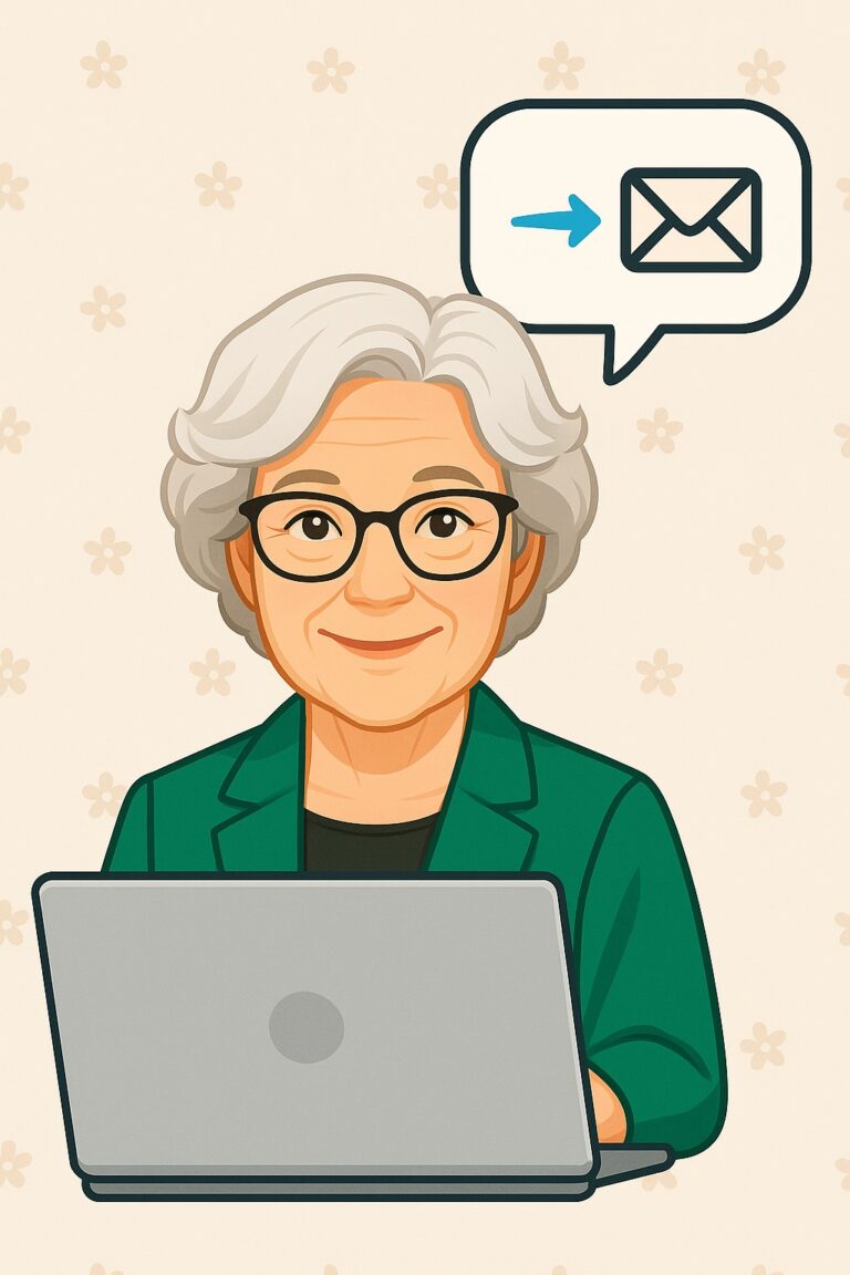 Oma Erla sitzt freundlich lächelnd am Laptop und beantwortet E-Mails. Eine Sprechblase mit einem E-Mail-Symbol zeigt, dass sie digital hilft.