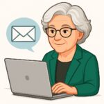 Oma Erla sitzt am Laptop und liest eine E-Mail. Auf dem Bildschirm ist ein Briefsymbol zu sehen.