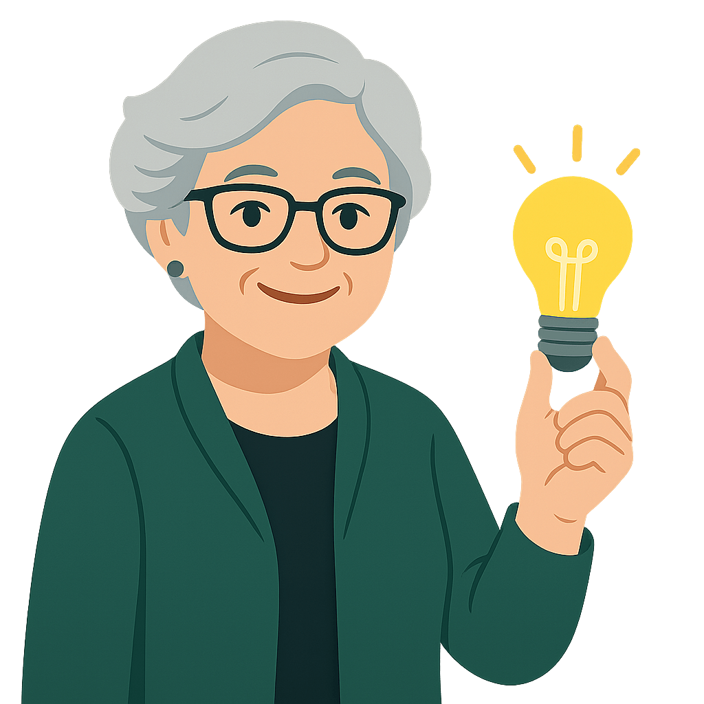 Illustration von Oma Erla, die eine leuchtende Glühbirne hochhält – Symbol für einfache digitale Tipps.