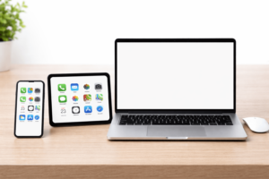 Smartphone, Tablet und Laptop stehen nebeneinander auf einem Tisch, daneben liegt eine Maus.