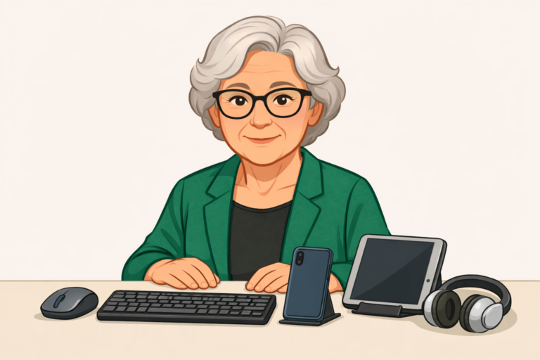 Oma Erla sitzt ruhig an einem Tisch mit Maus, Tastatur, Smartphone, Tablet und Kopfhörern