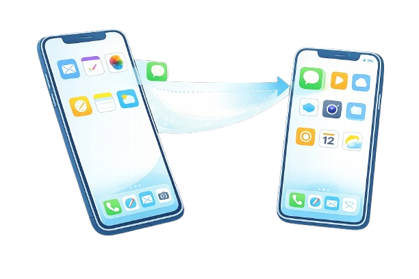 Zwei Smartphones, zwischen denen ein App-Symbol von einem Bildschirm auf einen anderen verschoben wird