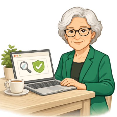 Oma Erla prüft einen Online-Shop am Laptop, um sicher online einzukaufen