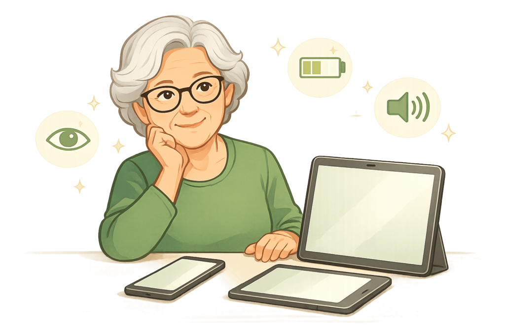 Oma Erla vergleicht Smartphone und Tablet und zeigt, welche Geräteeigenschaften im Alltag wirklich wichtig sind.