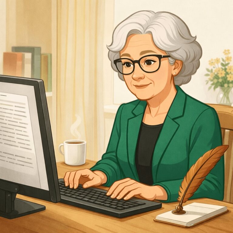 llustration von Oma Erla, die konzentriert am Schreibtisch sitzt und am Computer arbeitet