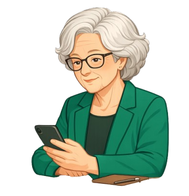 Oma Erla sitzt seitlich am Tisch und schaut ruhig auf ihr Smartphone. Neben ihr liegt ein zugeklapptes Notizbuch.