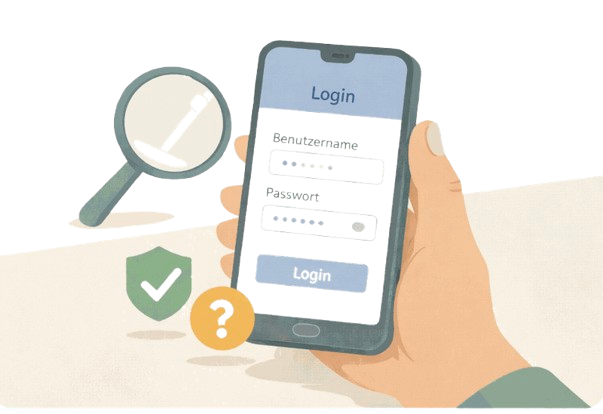 Illustration einer Passwort-Abfrage auf dem Smartphone mit Lupe