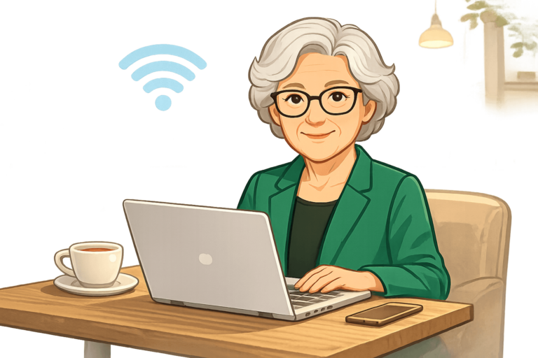 Oma Erla sitzt im Café mit Laptop im öffentlichen WLAN und nutzt das Internet bewusst.