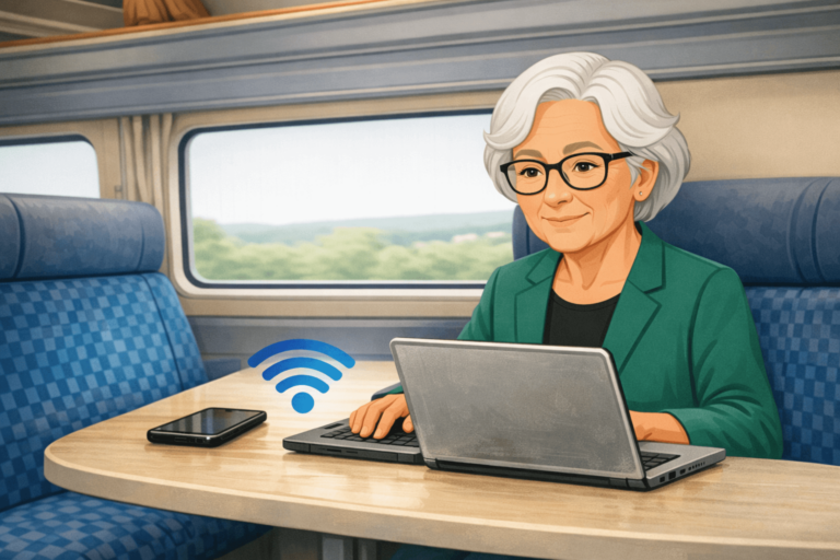 Oma Erla sitzt im Zug mit Laptop und nutzt öffentliches WLAN.