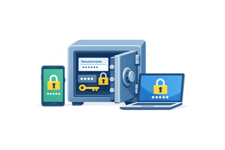 Illustration eines digitalen Schließfachs mit Smartphone und Laptop, die ein Passwort sicher speichern