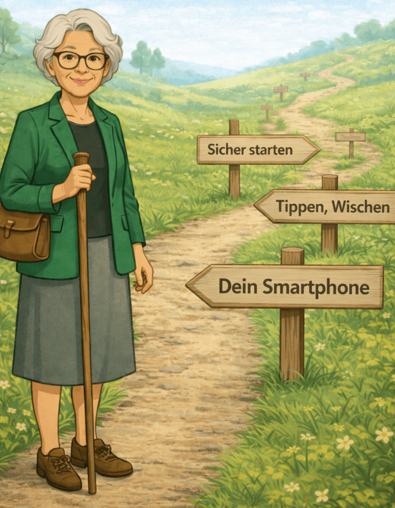 Oma Erla steht auf einem Weg mit Wegweisern zu den Smartphone-Lernschritten „Dein Smartphone“, „Sicher starten“ und „Tippen, Wischen“ – Symbol für den Einstieg in die Smartphone-Nutzung.
