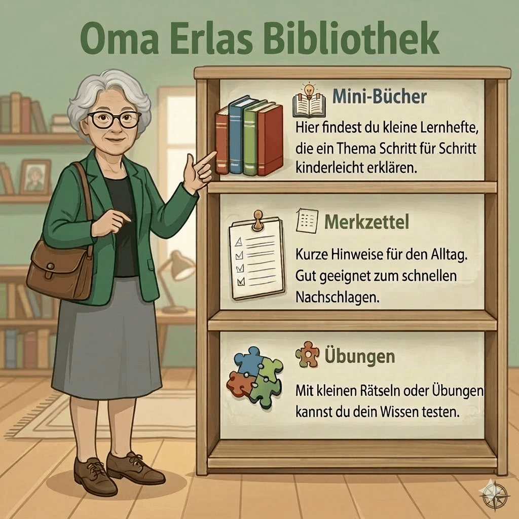 Oma Erla zeigt auf ein Regal mit den drei Lernformaten der Website: Mini-Bücher, Merkzettel und Übungen.
