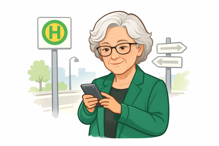 Frau steht draußen und schaut ruhig auf ihr Smartphone zur Orientierung an einer Haltestelle