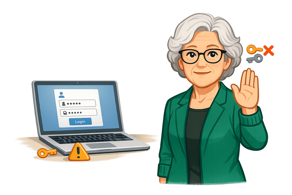 Oma Erla warnt vor dem Einloggen auf fremden Geräten neben einem Laptop mit Login-Fenster