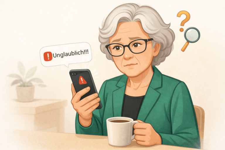 Oma Erla prüft nachdenklich eine Nachricht auf dem Smartphone