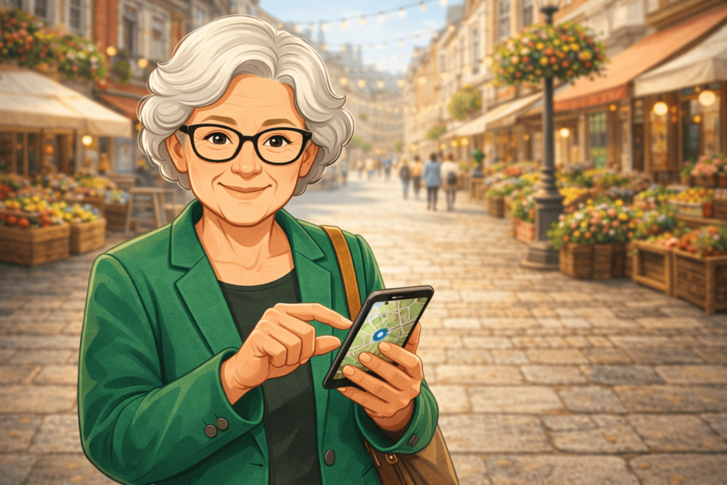 Illustrierte ältere Frau mit Brille und grünem Blazer hält lächelnd ein Smartphone mit Karten-App in einer belebten Fußgängerzone