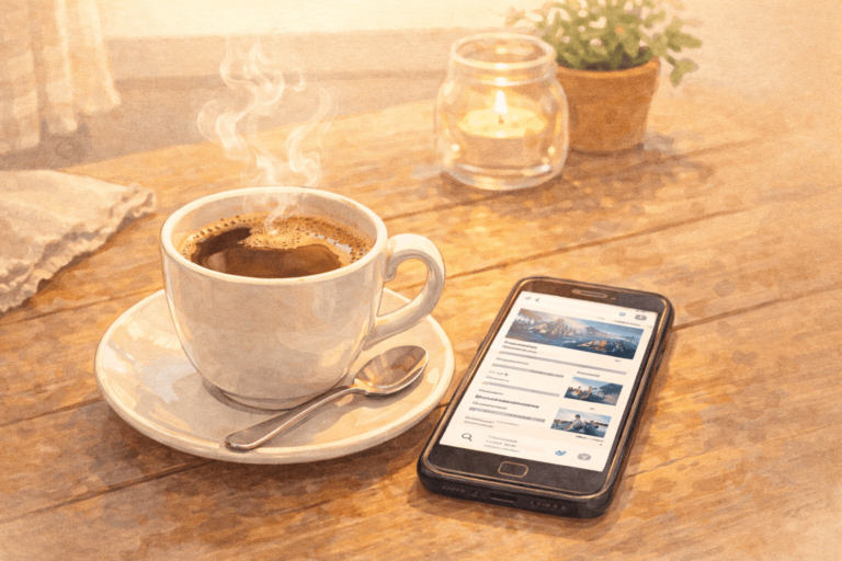 ein Smartphone mit einer geöffneten Nachrichten-App liegt auf einem Tisch neben einer Tasse mit Kaffee