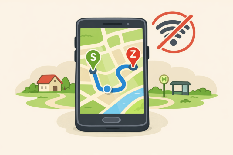Smartphone mit Offline-Karte und Route ohne Internetverbindung